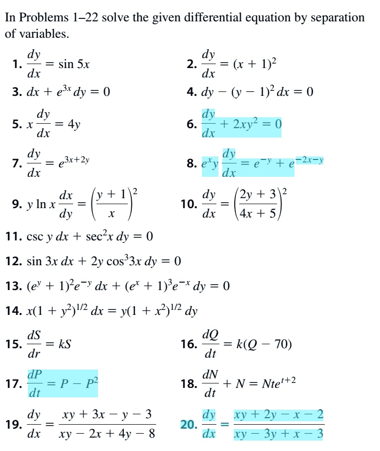 Solved In Problems 1 22 Solve The Given Differential Equation By Separation Of Variables Dy Sin Sx 2 Dy R 1 2 Dx Dx 3 Dx Er Dy 0 4