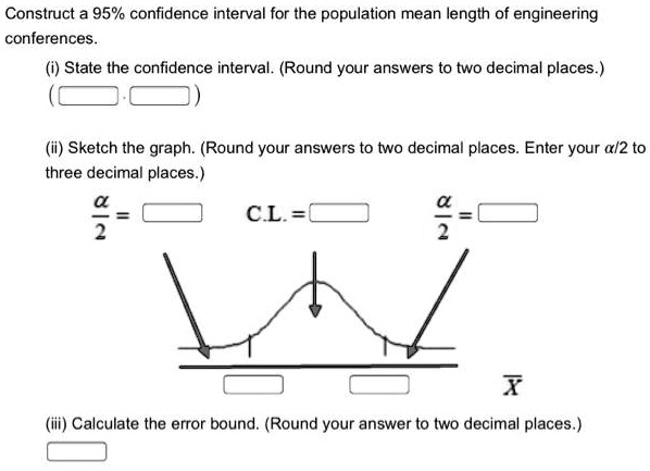Construct a 95% confidence interval for the population mean length of engineering conferences.
(i) State the confidence interval. (Round your answers to two decimal places.)
(ii) Sketch the graph. (Round your answers to two decimal places. Enter your alpha/2 to three decimal places.)
fracalpha2 =  C.L. =  fracalpha2 = 
(iii) Calculate the error bound. (Round your answer to two decimal places.)