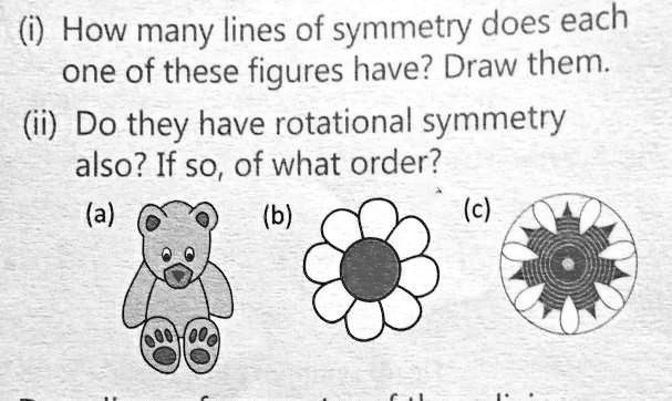 (i) How many lines of symmetry does each
one of these figures have? Draw them.
(ii) Do they have rotational symmetry
also? If so, of what order?
(a)
(b)
(c)