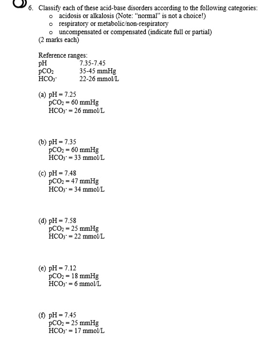 SOLVED:0 Classify each of these acid-base disorders according the ...