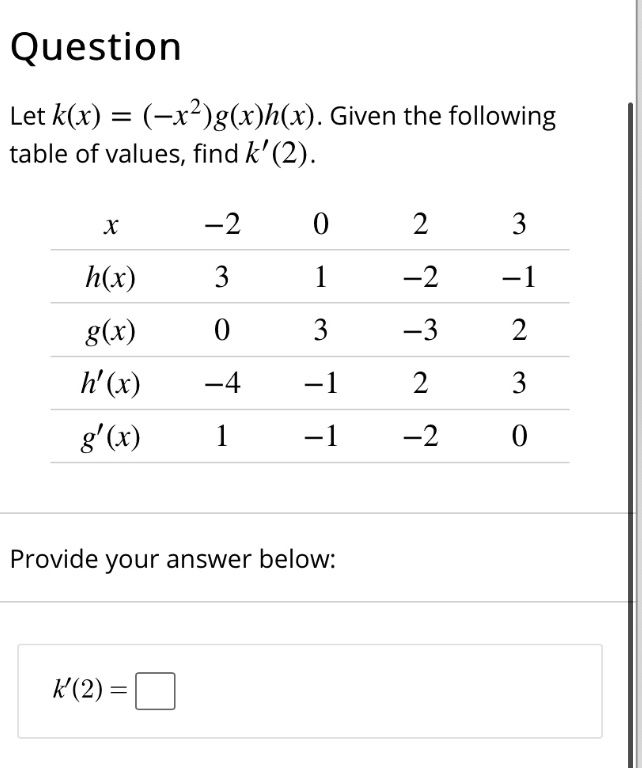 Solved Question Let Kx âˆšx2gxhx Given The Following Table Of Values Find K2