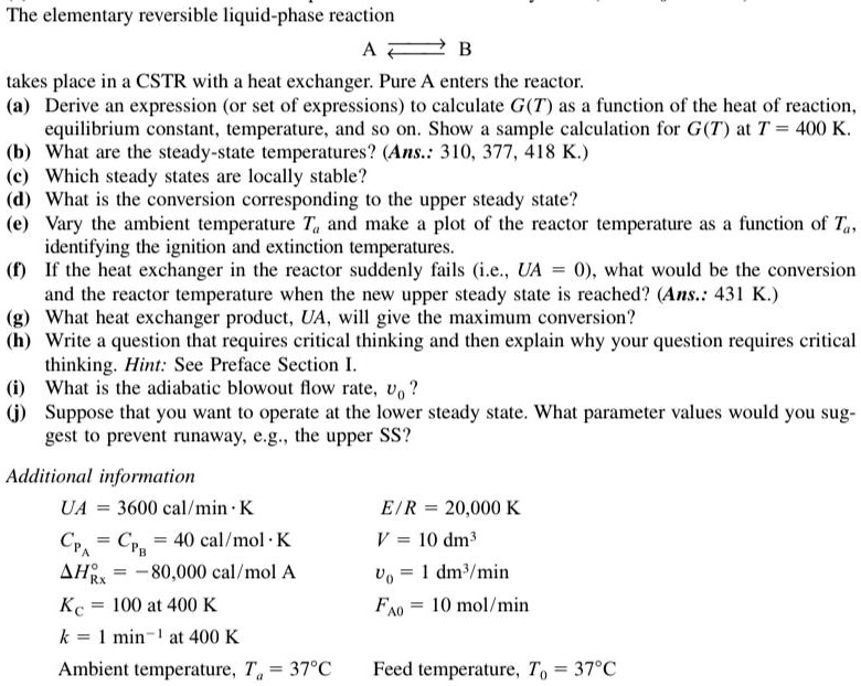 SOLVED The elementary reversible liquidphase reaction A â‡Œ B takes