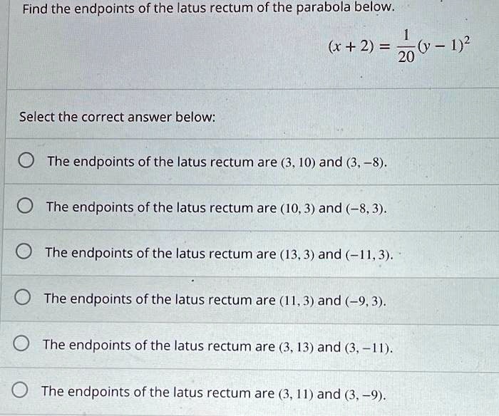 Solved Find The Endpoints Of The Latus Rectum Of The Parabola Below X 2 6 1 Select The Correct Answer Below The Endpoints Of The Latus Rectum Are 3 10 And