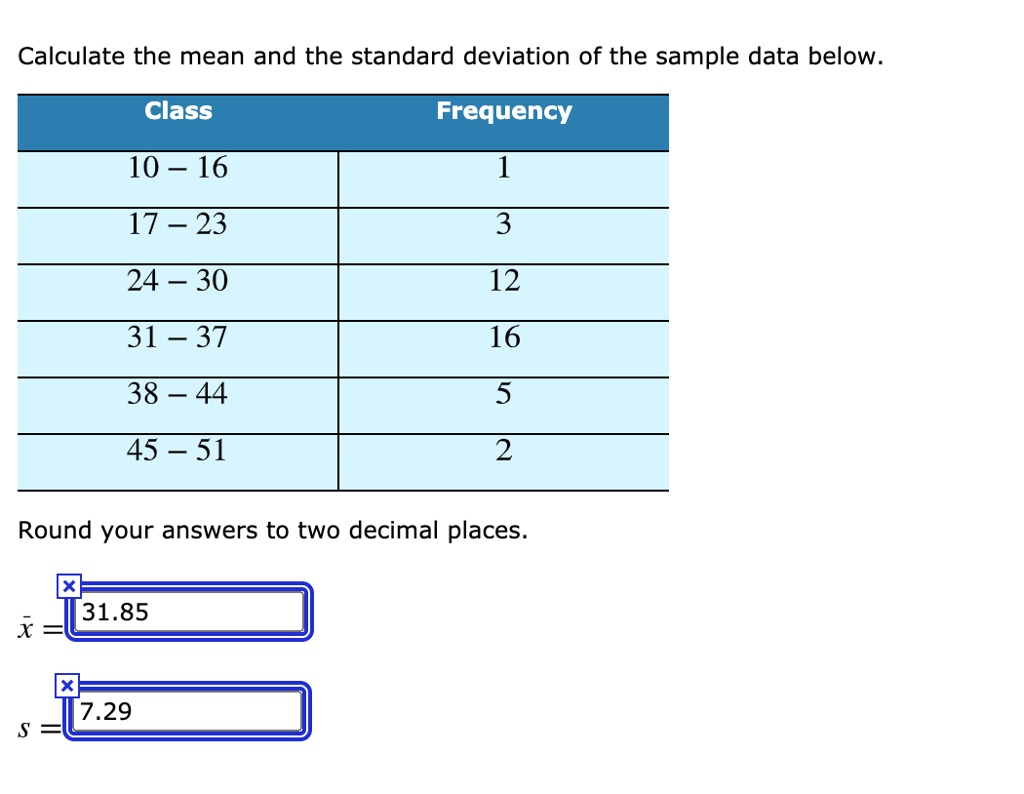 Calculate the mean and the standard deviation of the sample data below.
Class
Frequency
10	ext–16
1
17	ext–23
3
24	ext–30
12
31	ext–37
16
38	ext–44
5
45	ext–51
2
Round your answers to two decimal places.
arx = 31.85
s = 7.29