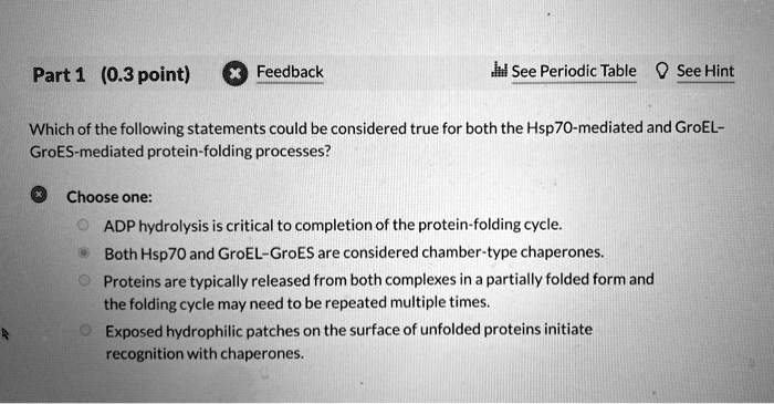 Which of the following statements could be considered true for both the Hsp70-mediated and GroEL-GroES-mediated protein-folding processes?
Choose one:
ADP hydrolysis is critical to completion of the protein-folding cycle.
Both Hsp70 and GroEL-GroES are considered chamber-type chaperones.
Proteins are typically released from both complexes in a partially folded form and the folding cycle may need to be repeated multiple times.
Exposed hydrophilic patches on the surface of unfolded proteins initiate recognition with chaperones.