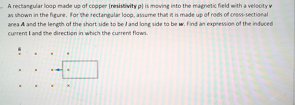 A rectangular loop made up of copper (resistivity ρ) is moving into the magnetic field with a velocity v as shown in the figure. For the rectangular loop, assume that it is made up of rods of cross-sectional area A and the length of the short side to be l and long side to be w. Find an expression of the induced current I and the direction in which the current flows.
