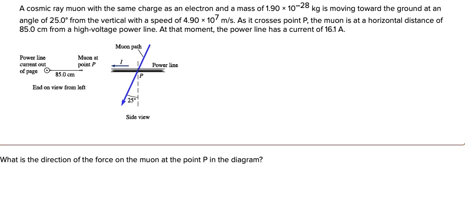 A cosmic ray muon with the same charge as an electron and a mass of 1.90 × 10?²? kg is moving toward the ground at an angle of 25.0° from the vertical with a speed of 4.90 × 10? m/s. As it crosses point P, the muon is at a horizontal distance of 85.0 cm from a high-voltage power line. At that moment, the power line has a current of 16.1 A.

Muon path
Power line current out of page
Muon at point P
85.0 cm
Power line
End on view from left
Side view

What is the direction of the force on the muon at the point P in the diagram?