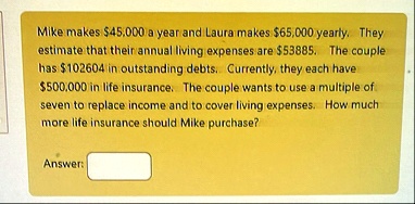 mike makes 45000 a year and laura makes 65000 yearly they estimate that their annual living expenses are 53885 the couple has 102604 in outstanding debts currently they each have 500000 in l 31856