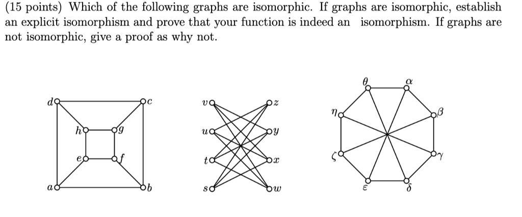 (15 points) Which of the following graphs are isomorphic. If graphs are isomorphic, establish an explicit isomorphism and prove that your function is indeed an isomorphism. If graphs are not isomorphic, give a proof as why not.