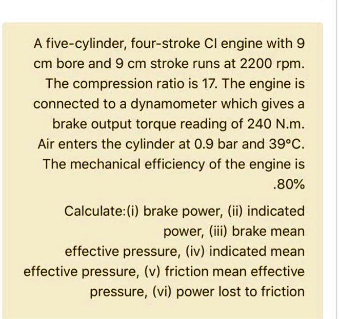 SOLVED A fivecylinder, fourstroke CI engine with a 9 cm bore and 9