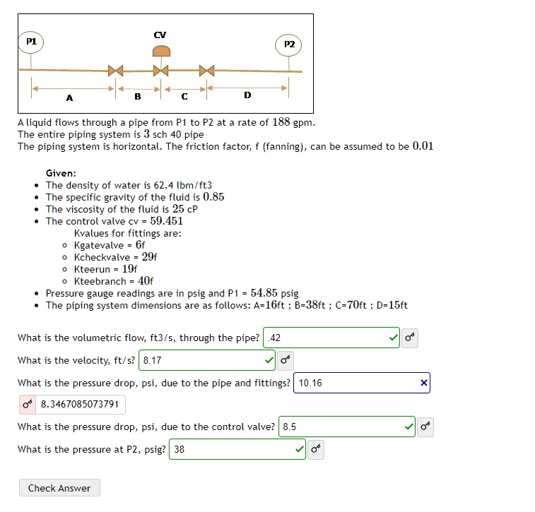 SOLVED CV A liquid flows through a pipe from P1 to P2 at a rate of 188