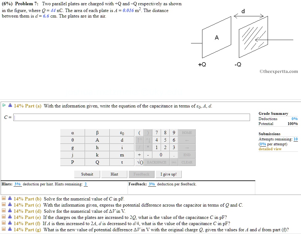 SOLVED: (6%) Problem 7: Two parallel plates are charged with +Q and Q ...