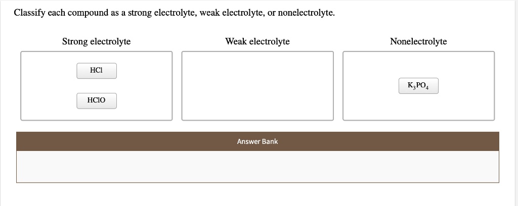 Classify each compound as a strong electrolyte, weak electrolyte, or