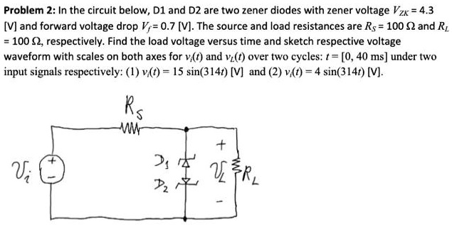 SOLVED: Problem 2: In the circuit below, Dl and D2 are two zener diodes ...