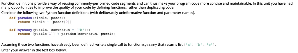 SOLVED: Function definitions provide a way of reusing commonly ...