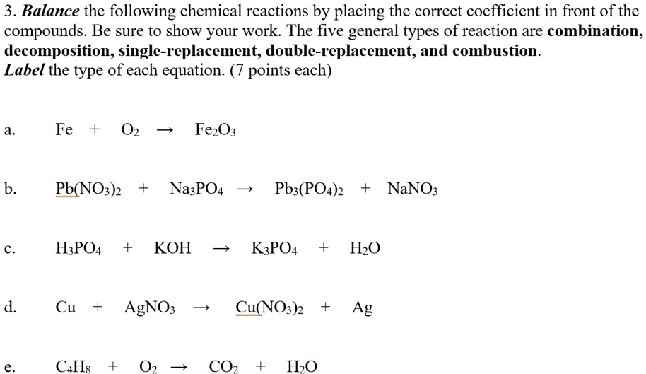 Solved Balance The Following Chemical Reactions By Placing The Correct Coefficient In Front Of 5087