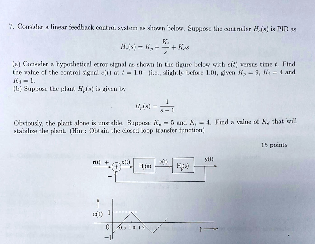 7. Consider a linear feedback control system as shown below. Suppose ...