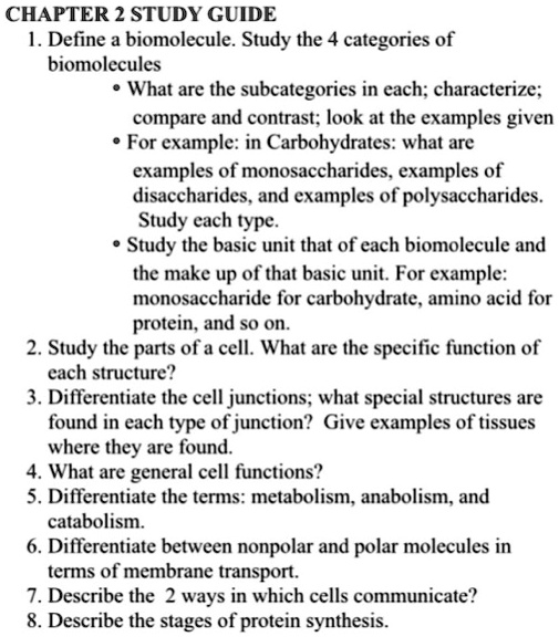 SOLVED Chapter 2 Study Guide 1. Define a biomolecule. Study the four