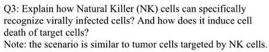Q3: Explain how Natural Killer (NK) cells can specifically recognize virally infected cells? And how does it induce cell death of target cells?
Note: the scenario is similar to tumor cells targeted by NK cells.