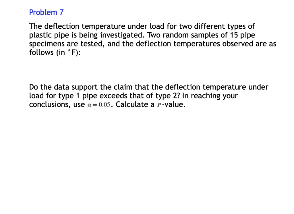 SOLVED Problem 7 The deflection temperature under load for two different types of plastic pipe