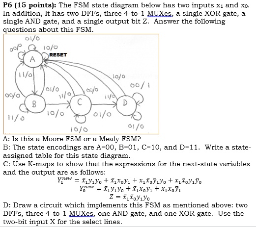 P6 15 points the fsm state diagram below has two inputs xi...