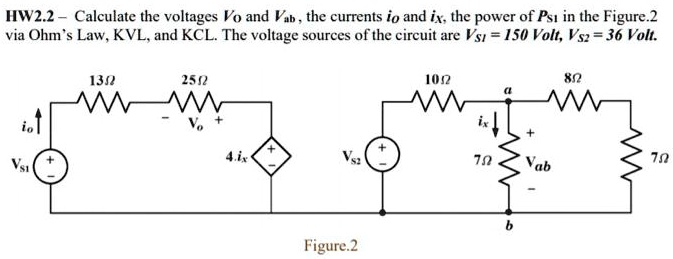 HW2.2 - Calculate the voltages VO and Vab , the currents iO and iX, the power of PS1 in the Figure.2 via Ohm's Law, KVL, and KCL. The voltage sources of the circuit are VS1 = 150 Volt, VS2 = 36 Volt.