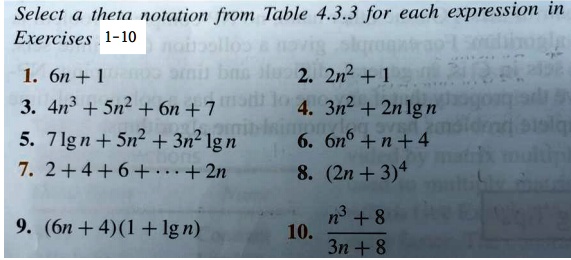 Solved Select A Theta Notation From Table 4 3 3 For Each Expression Exercises 1 10 4 4 1 6n 1 44 2 2n2 1 3 4n Sn 6n 7 I 3n2 2nlgn 5 Tlgn Sn 3n Ign 6n6 N 4 2 4 6 2n 2n 3 4 6n 4 1 Lgn 10 8 3n 8