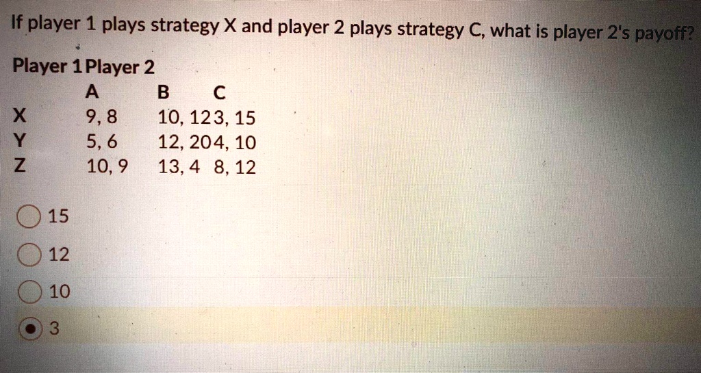 If player 1 plays strategy X and player 2 plays strategy C, what is ...