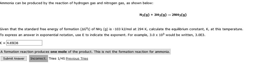 SOLVED: Ammonia can be produced by the reaction of hydrogen gas and ...