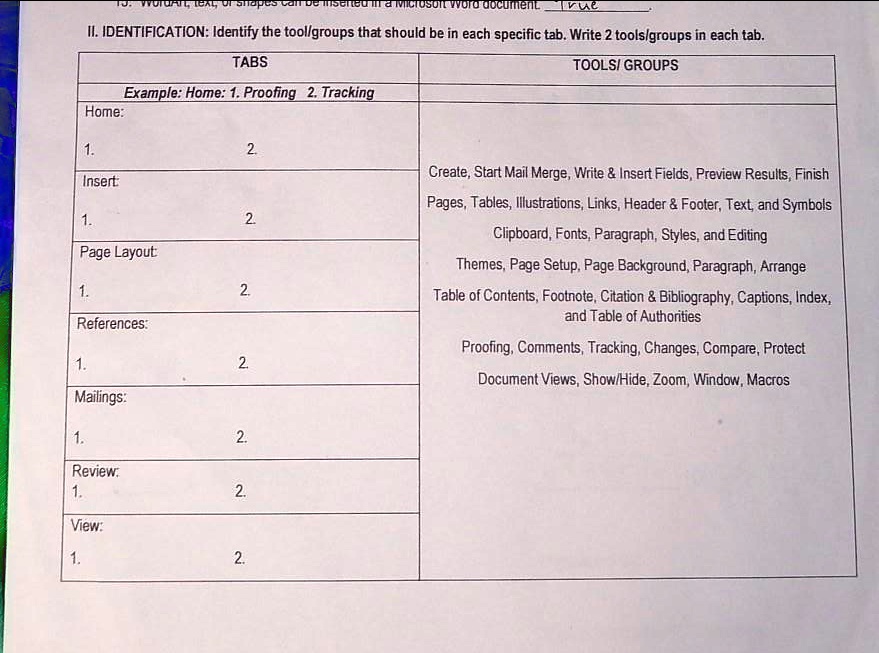 13. WordArt, text, or shapes can be inserted in a Microsoft word document. True
II. IDENTIFICATION: Identify the tool/groups that should be in each specific tab. Write 2 tools/groups in each tab.
TABS
Example: Home: 1. Proofing 2. Tracking
Home:
1.
2.
Insert:
1.
2.
Page Layout:
1.
2.
References:
1.
2.
Mailings:
1.
2.
Review:
1.
2.
View:
1.
2.
TOOLS/GROUPS
Create, Start Mail Merge, Write     Insert Fields, Preview Results, Finish
Pages, Tables, Illustrations, Links, Header     Footer, Text, and Symbols
Clipboard, Fonts, Paragraph, Styles, and Editing
Themes, Page Setup, Page Background, Paragraph, Arrange
Table of Contents, Footnote, Citation     Bibliography, Captions, Index,
and Table of Authorities
Proofing, Comments, Tracking, Changes, Compare, Protect
Document Views, Show/Hide, Zoom, Window, Macros