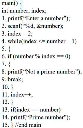main() int number, index; 1. printf(