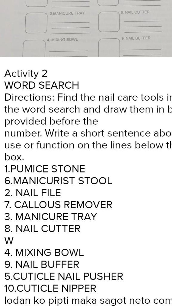 classify the following nail care tools and equipment according to their  categories. WRITE ONLY THE LETTER of - Brainly.ph