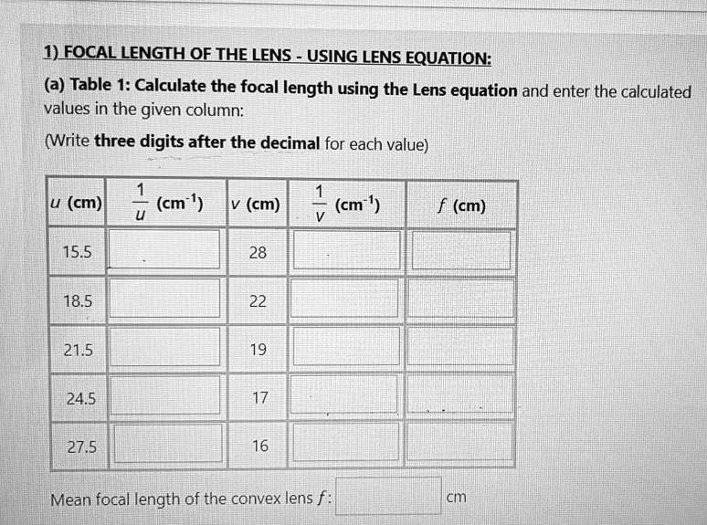 SOLVED 1) FOCALLENGTH QF THELENS USING LENS EQUATION (a) Table 1
