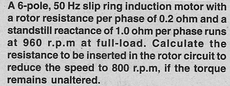 A 6-pole, 50 Hz slip ring induction motor with a rotor resistance per ...