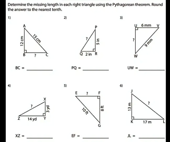 Determine the missing length in each right triangle using the