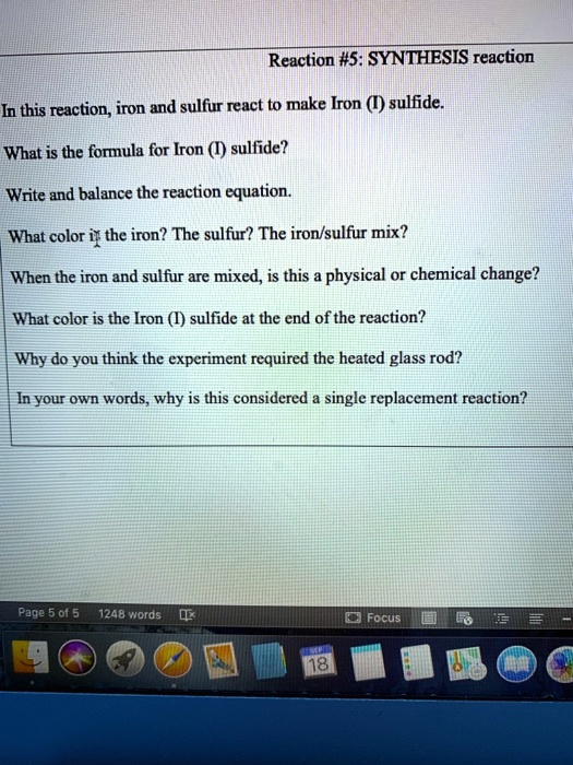 Solved Reaction 5 Synthesis Reaction In This Reaction Iron And Sulfur React To Make Iron Ui