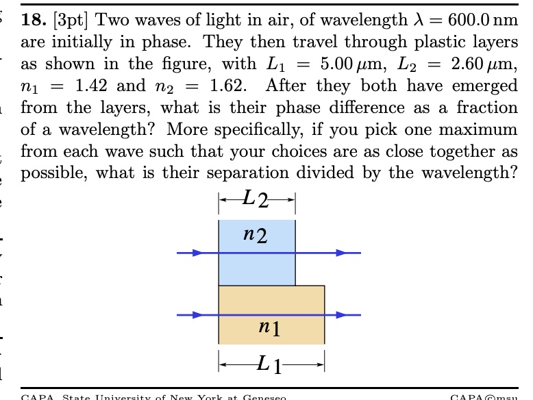 SOLVED: 18. [3pt] Two waves of light in air; of wavelength A = 600.0 nm ...