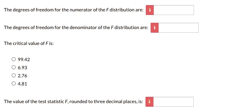 SOLVED:The degrees of freedom for the numerator of the Fdistribution ...