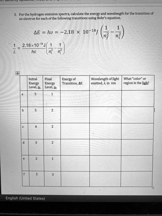 SOLVED For the hydrogen emission spectra, calculate the energy and