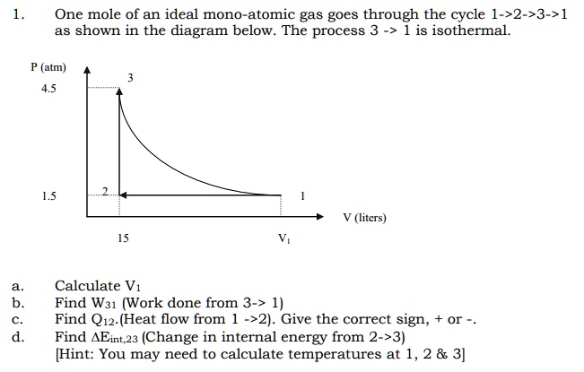 SOLVED: One mole of an ideal monoatomic gas goes through the cycle 1->2 ...