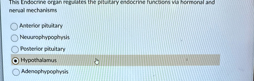 this endocrine organ regulates the pituitary endocrine functions via hormonal and nerual mechanisms anterior pituitary neuurophypophysis posterior pituitary hypothalamus adenophypophysis 24756