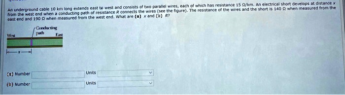 An underground cable 10 km long extends east to west and consists of two parallel wires, each of which has resistance 15 ?/km. An electrical short develops at distance x from the west end when a conducting path of resistance R connects the wires (see the figure). The resistance of the wires and the short is 140 ? when measured from the east end and 190 ? when measured from the west end. What are (a) x and (b) R?