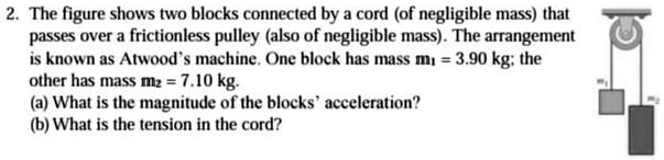 2. The figure shows two blocks connected by a cord (of negligible mass) that passes over a frictionless pulley (also of negligible mass). The arrangement is known as Atwood's machine. One block has mass m1 = 3.90 kg; the other has mass m2 = 7.10 kg. (a) What is the magnitude of the blocks' acceleration? (b) What is the tension in the cord?