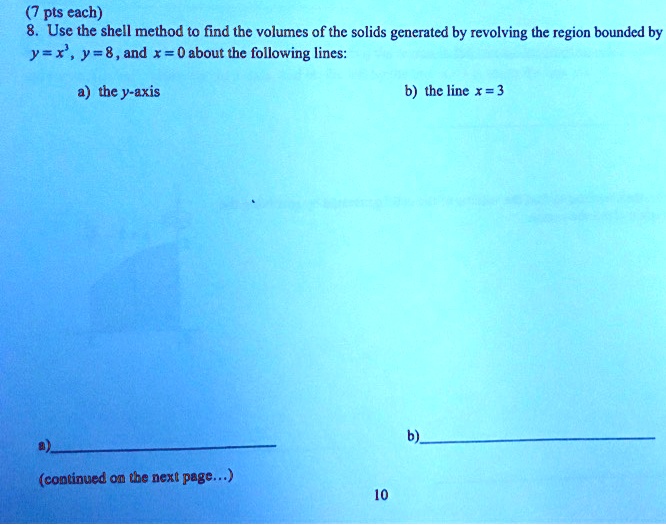 (7 pts each) 8. Use the shell method to find the volumes of the solids ...