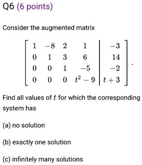 SOLVED: Q6 (6 points) Consider the augmented matrix t+3 Find all values ...