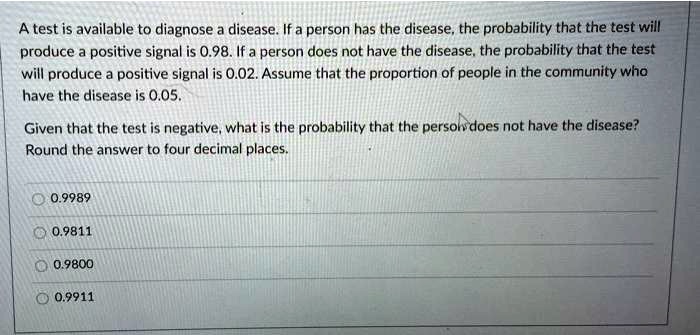 A test is available to diagnose a disease. If a person has the disease, the probability that the test will produce a positive signal is 0.98. If a person does not have the disease, the probability that the test will produce a positive signal is 0.02. Assume that the proportion of people in the community who have the disease is 0.05.

Given that the test is negative, what is the probability that the person does not have the disease? Round the answer to four decimal places.

0.9989
0.9811
0.9800
0.9911