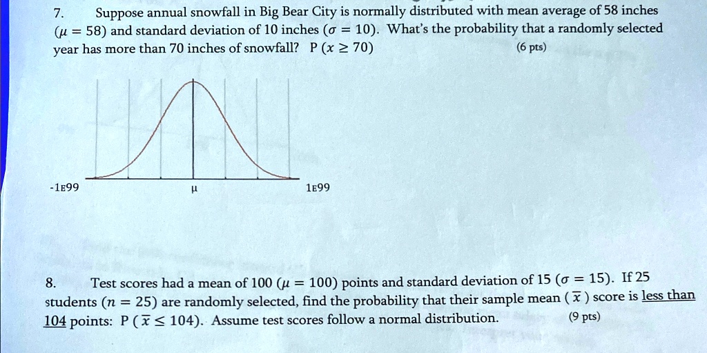 7.
Suppose annual snowfall in Big Bear City is normally distributed with mean average of 58 inches
(μ = 58) and standard deviation of 10 inches (σ = 10). What's the probability that a randomly selected
year has more than 70 inches of snowfall? P (x ≥ 70)
(6 pts)
8.
Test scores had a mean of 100 (μ = 100) points and standard deviation of 15 (σ = 15). If 25
students (n = 25) are randomly selected, find the probability that their sample mean (x̅) score is less than
104 points: P (x̅≤ 104). Assume test scores follow a normal distribution.
(9 pts)