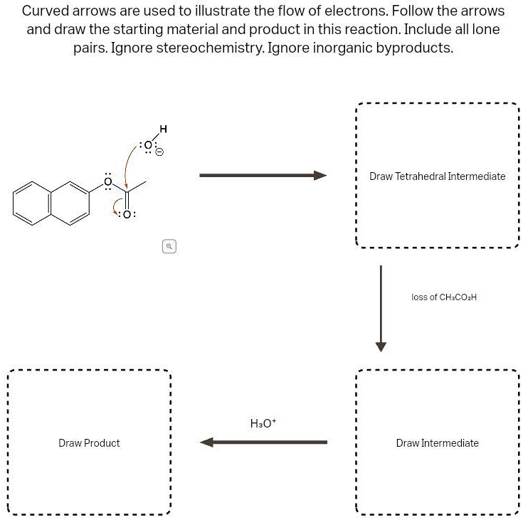 Curved arrows are used to illustrate the flow of electrons. Follow the arrows and draw the starting material and product in this reaction. Include all lone pairs. Ignore stereochemistry. Ignore inorganic byproducts.

Draw Tetrahedral Intermediate

loss of CH3CO2H

Draw Intermediate

H3O+

Draw Product