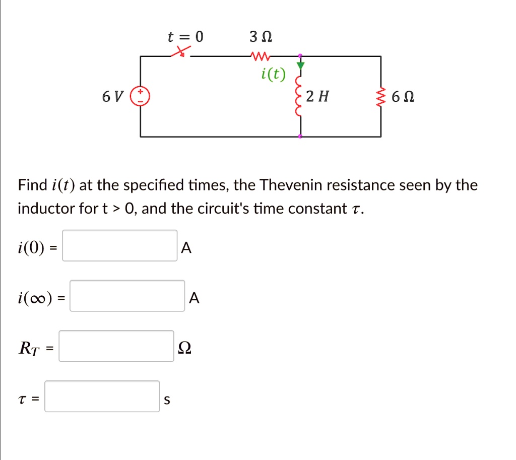 6 v t 0 3 omega it 2 h 6omega find it at the specified times the thevenin resistance seen by the inductor for t 0 and the circuits time constant tau i0 a iinfty a rt omega tau s 78189