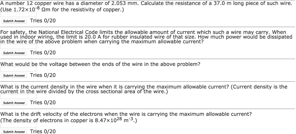 A number 12 copper wire has a diameter of 2053 mm calculate...